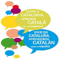 imagen de dos bocadillos de texto en el que dice que vivir en catalunya aprendemos catalán desde el español